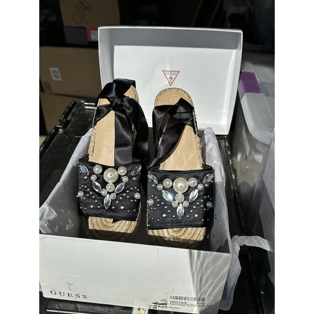 G by Guess Womens Razzle Open Toe Casual Platform Sandals, Black Satin, Size 7 M
